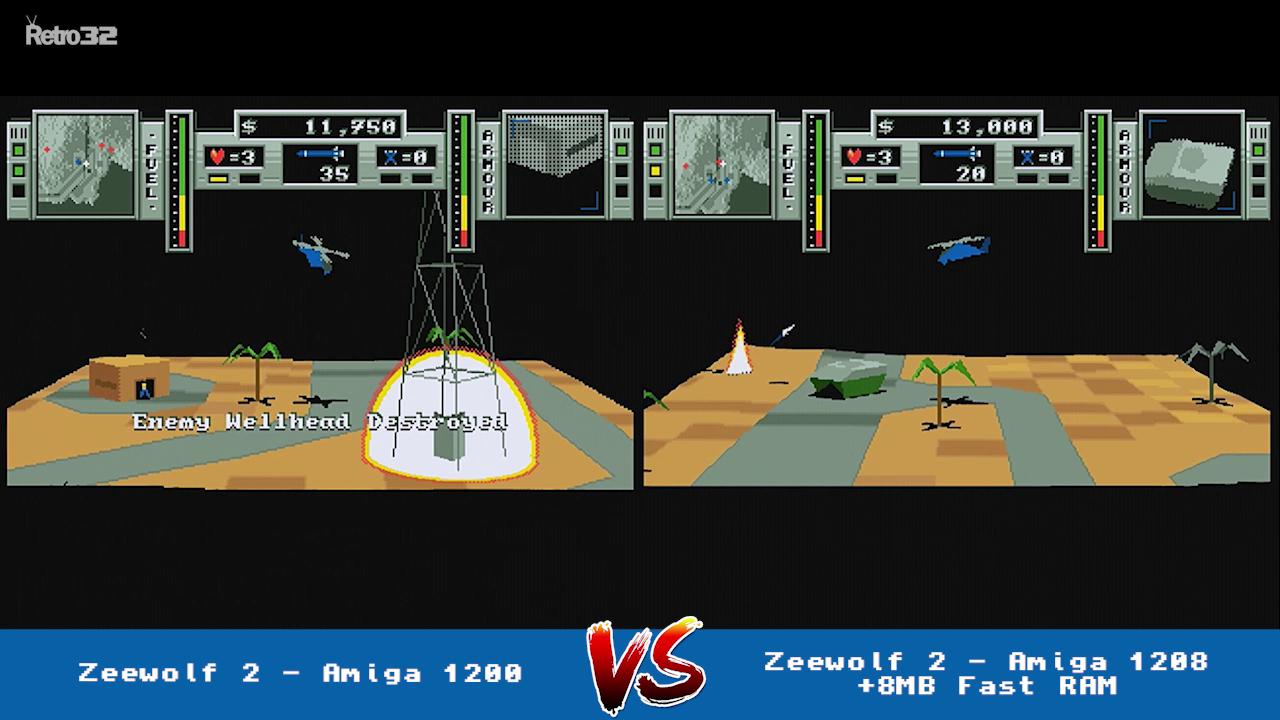 Zeewolf 2: Wild Justice – Amiga 1200 vs 1208 (+8MB Fast RAM) FPS side by side comparison